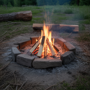 small campfire contained within a ring of stones